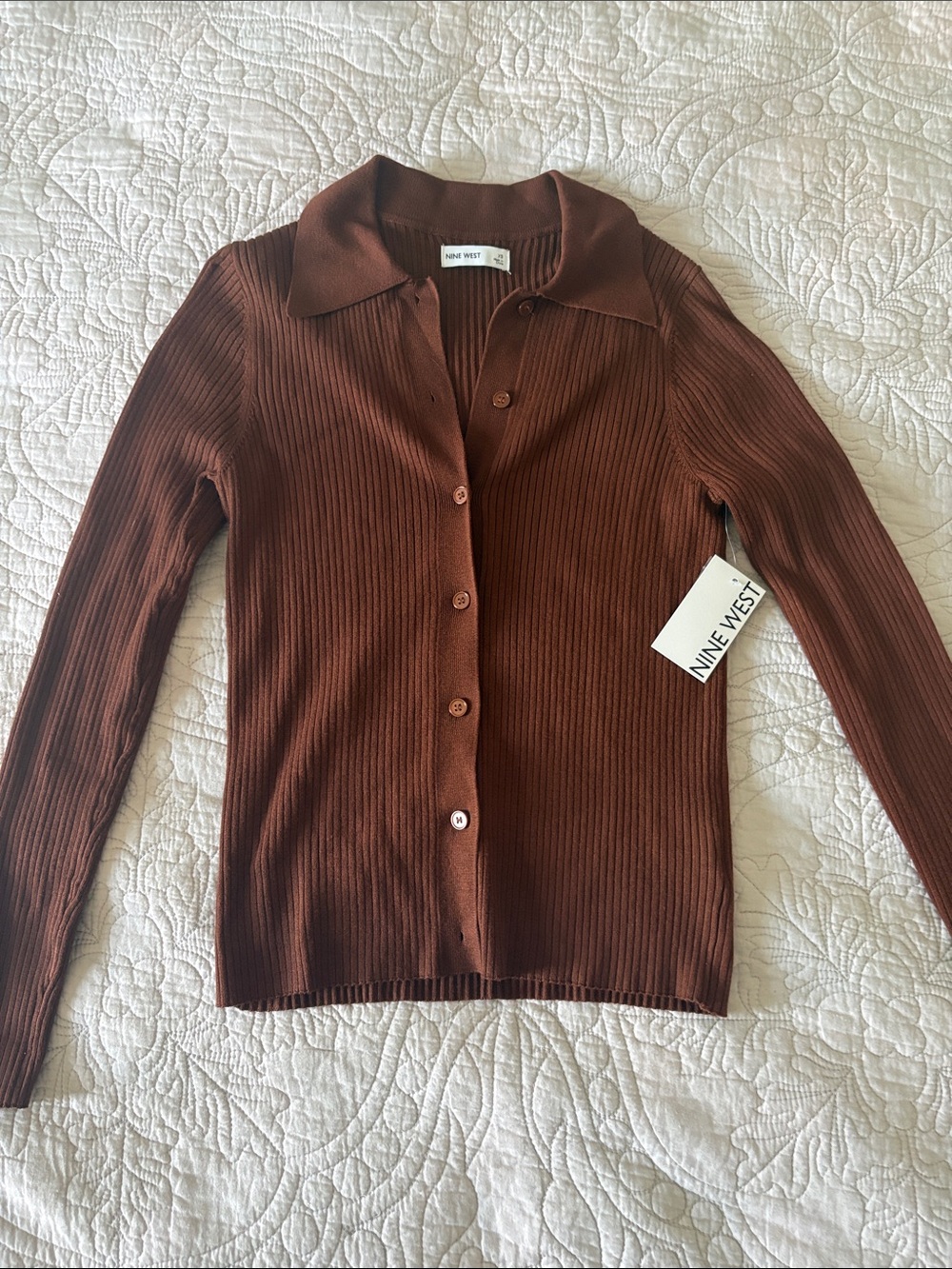 Nine West Brown Ribbed Button-Front Cardigan